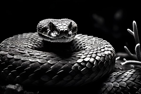 Rattlesnake coiled poised to strike in the silent mojave night, AI generated