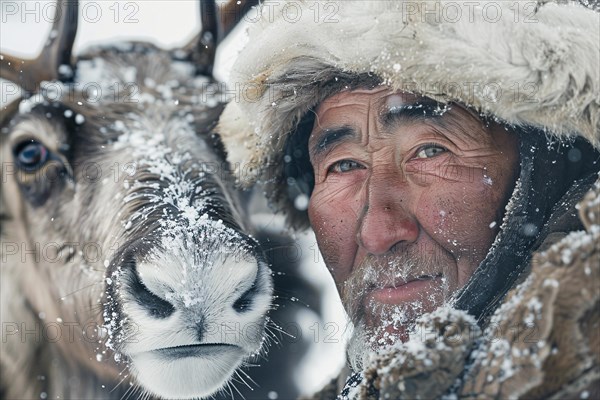 Close up of reindeer herder in snow. KI generiert, generiert, AI generated