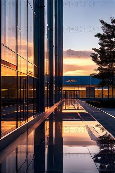 Modern hospitals glass entrance reflecting the morning sunlight, AI generated, modern, architecture
