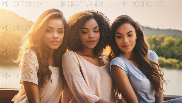 Three women friends in summer attire relaxing at a waterfront during sunset, exuding tranquility, blurry moody landscaped background with bokeh effect, AI generated