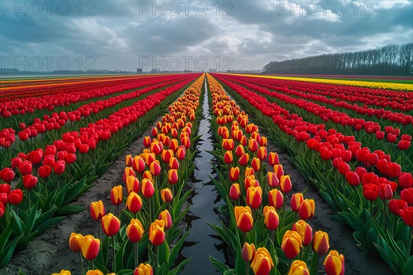 Vast tulip fields with striking symmetry of red and orange stripes under a moody sky, AI generated