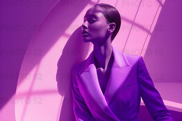 Monochromatic image of a model in a purple suit striking a pose with dramatic lighting, AI generated