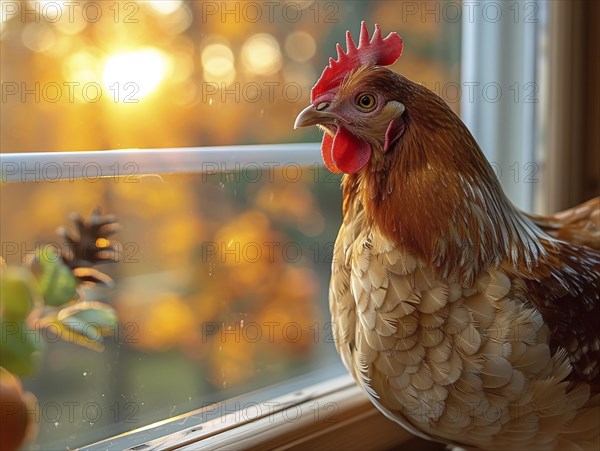 Warm sunset scene with a contemplative chicken by the window, AI generiert, AI generated