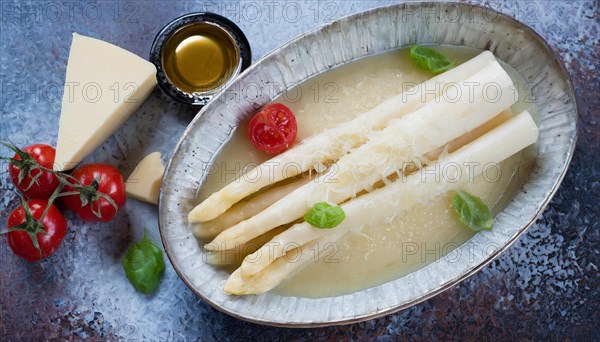 Creamy white asparagus soup in an oval ceramic bowl decorated with basil and tomato, cooked white asparagus sprinkled with parmesan, KI generiert, AI generated
