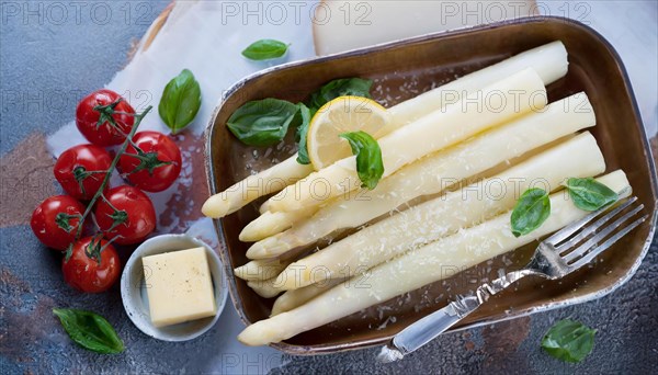 Dish with white asparagus, garnished with lemon, parmesan and cherry tomatoes, served on a platter, cooked white asparagus sprinkled with parmesan, KI generiert, AI generated