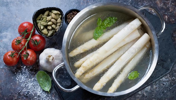 Freshly cooked asparagus spears in water with spices, fresh white asparagus in a cooking pot, KI generated, AI generated