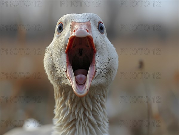 A goose with its mouth open looks directly into the camera, the feather details are clearly visible, AI generated, AI generated, AI generated