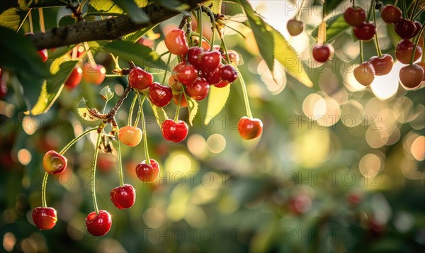 Ripe cherries dangling temptingly from the branches of a cherry tree in a vibrant garden AI generated