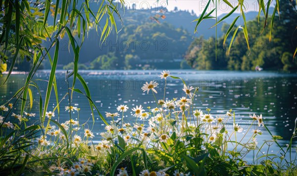 The lake surrounded by lush greenery and blooming flowers in the height of summer, summer nature landscape AI generated