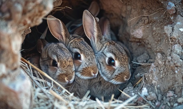 A bunny family nestled together in a cozy burrow AI generated