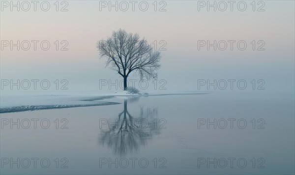 A solitary tree standing on the frozen shore of a lake AI generated