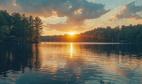 A summer sunset casting warm hues over the peaceful lake AI generated