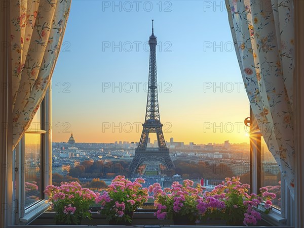 Blick aus einem Fenster auf den Eiffelturm zwischen bunten Blumen bei Sonnenuntergang, Lifestyle in Paris, Frankreich, AI generiert, AI generated