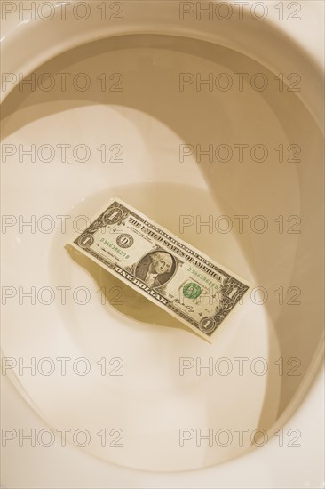 Top view and close-up of US one dollar bank note thrown down and floating in toilet bowl, Studio Composition, Quebec, Canada, North America