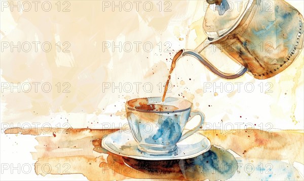 Watercolor illustration of a vintage coffee pot pouring coffee into a cup AI generated