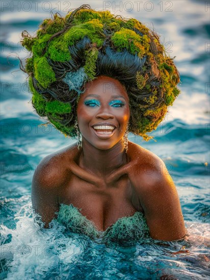Playful woman with moss hair moss growing and thriving, creating a mystical and enchanting effect, in the ocean, sunset creating a serene backdrop, earth day concept, AI generated