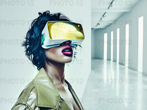 A model with a virtual reality headset looks upward, lips parted, amidst stark lighting, AI generated
