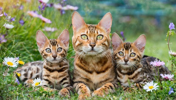 KI generated, animal, animals, mammal, mammals, cat, felidae (Felis catus), a cat and two kittens are lying in a meadow and resting