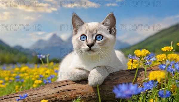 KI generated, animal, animals, mammal, mammals, cat, felidae (Felis catus), a kitten resting in a meadow on a tree trunk