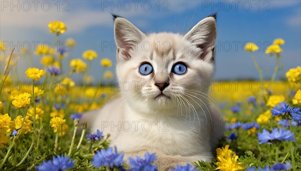 KI generated, animal, animals, mammal, mammals, cat, felidae (Felis catus), a kitten resting in a meadow on a tree trunk