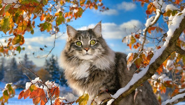 AI generated, animal, animals, mammal, mammals, cat, felidae (Felis catus), a grey-black American Forest Cat, sitting in a tree, autumn, autumn leaves, snow, onset of winter