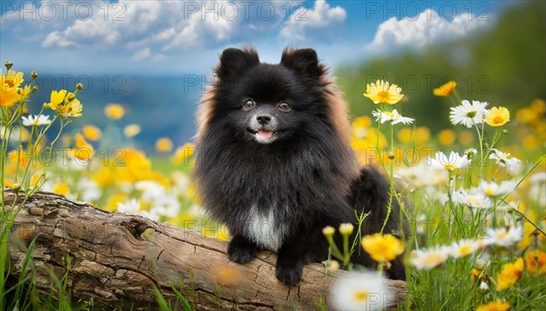 Ai generated, animal, animals, mammal, mammals, a, single animal, dwarf spitz, Spitz, (Canis lupus familiaris), dog, dogs, bitch, Pomeranians, a black dwarf spitz lies on a tree in a flower meadow