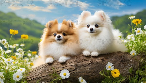 KI generated, animal, animals, mammal, mammals, a, single animal, dwarf spitz, Spitz, (Canis lupus familiaris), dog, dogs, bitch, Pomeranians, bitch and puppy lying in a flower meadow, tree trunk