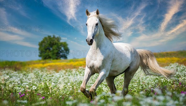 KI generated, A horse, horses, Arabian, in front of a blue sky, thoroughbred Arabian, AV, Arabian thoroughbred, (Eqqus ferus caballus), running in a meadow with colourful flowers