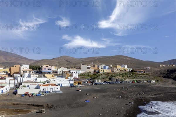View of the fishing village Puerto de La Pena with the beach Playa de los Muertos, Ajuy, west coast, Fuerteventura, Canary Island, Spain, Europe