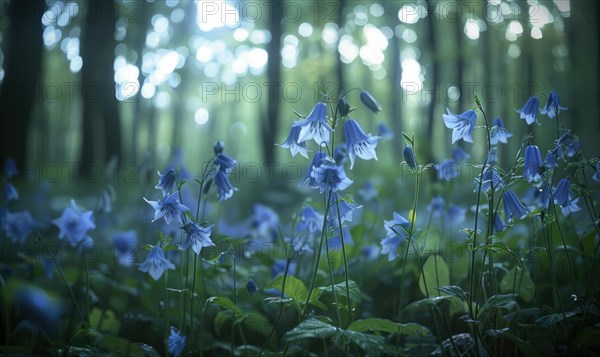 Bellflowers in a woodland clearing, closeup view, selective focus AI generated