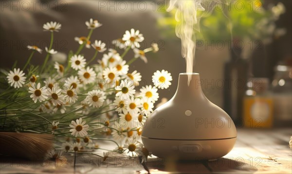 Chamomile essential oil diffuser in a cozy room, aromatherapy AI generated