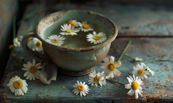 Chamomile tea in a rustic cup, closeup view AI generated