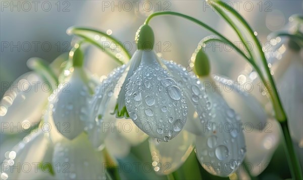 Close-up of snowdrops with dewdrops, spring nature background AI generated