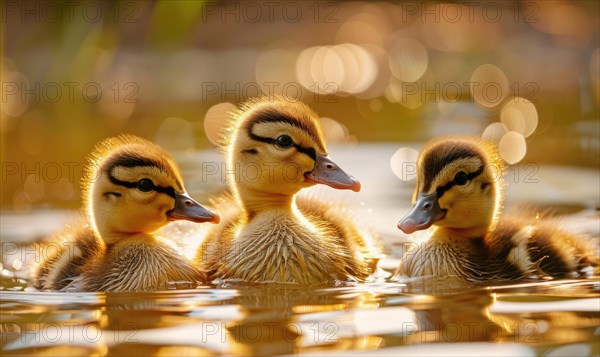 Ducklings swimming in a pond, close up view AI generated