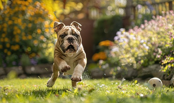 Playful bulldog puppy chasing a ball in a backyard garden AI generated