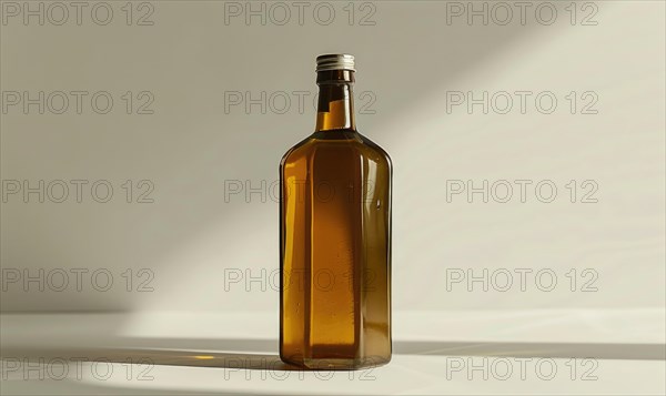 Studio shot of an amber glass bottle mockup filled with rich and aromatic cold-pressed olive oil AI generated