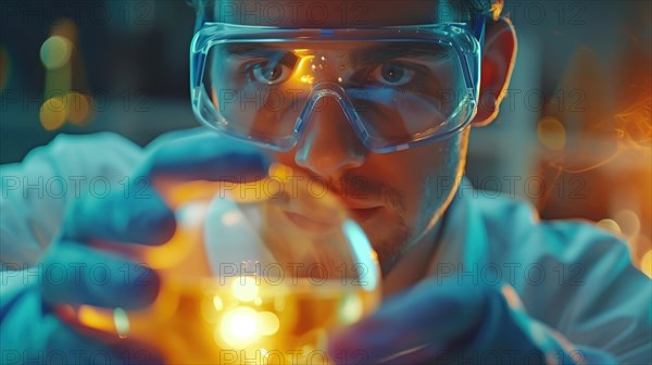 A scientist in goggles intently observes a flask with a glowing blue substance in a laboratory setting, AI generated