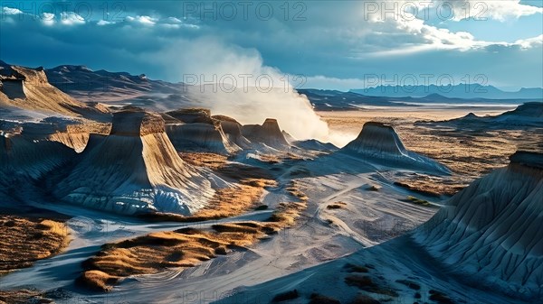 Patagonian desert landscape with powerful wind shaping landforms isolated rock formations, AI generated