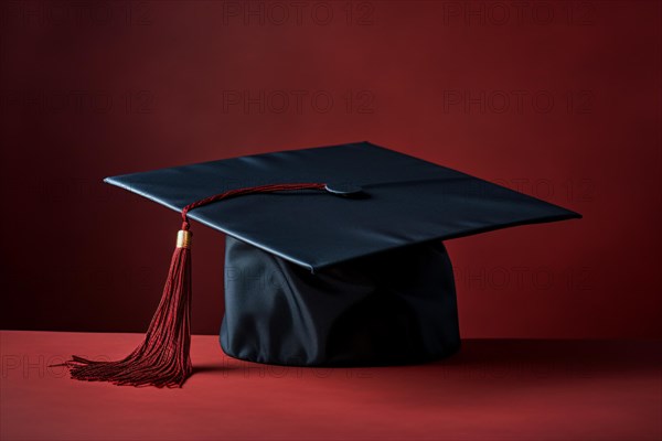 Black graduation hat on red background. KI generiert, generiert, AI generated