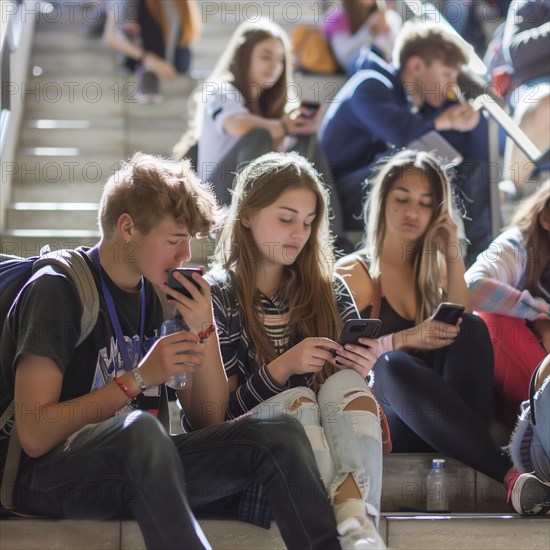 Many students sit close together on a staircase and talk on cell phones, photo quality Job ID: 9a2e3bd7-df9e-486b-a15c-2e7055162b70, KI generiert, AI generated