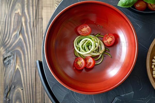 Tomato slices and spiralized cucumber artfully presented in a red bowl indicate healthy eating, AI generated