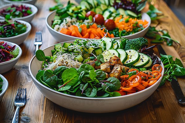 A colorful array of salads with assorted vegetables arranged on a wooden table, AI generated