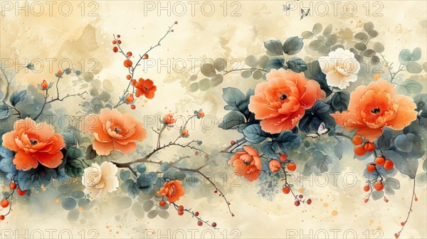 A vintage-style floral watercolor painting featuring red flowers on a pastel background, ai generated, AI generated