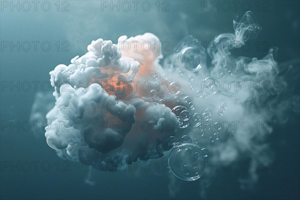 An abstract scene with blue and red-tinted smoke and bubbles creating a dynamic look, AI generated