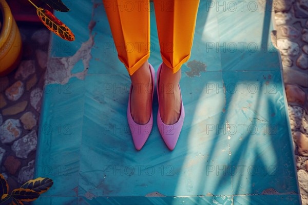 Woman wearing pink heels and orange trousers, standing on patterned tiles, AI generated