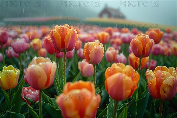 Moody image of orange tulips with raindrops in the foreground and a foggy farm house background, AI generated