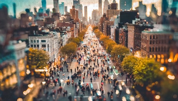 Busy urban street scene in the daytime with crowds of people and clear skies above, rush hour commuting time, sunset, blurry cityscape, bokeh effect, AI generated