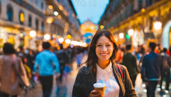 A smiling woman holding a coffee on a busy city street at night, illuminated by street lights, rush hour commuting time, sunset, blurry cityscape, bokeh effect, AI generated