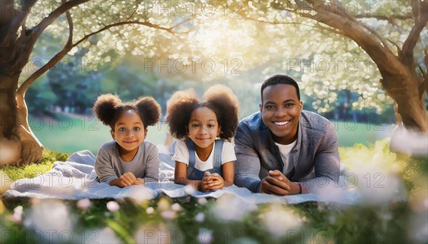 Siblings enjoying time together outdoors with a picnic in a park, AI generated