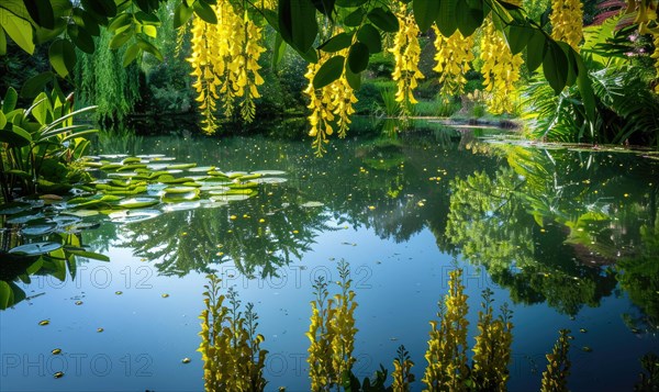 Laburnum flowers reflected in a tranquil pond AI generated